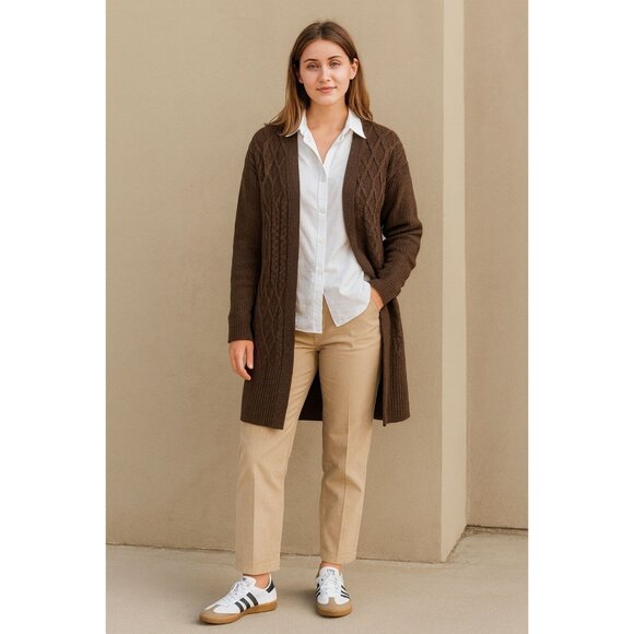 Chicos Espresso Brown Knit Open Front Cardigan Sweater Wool Cashmere Size 1 US M - Picture 1 of 13